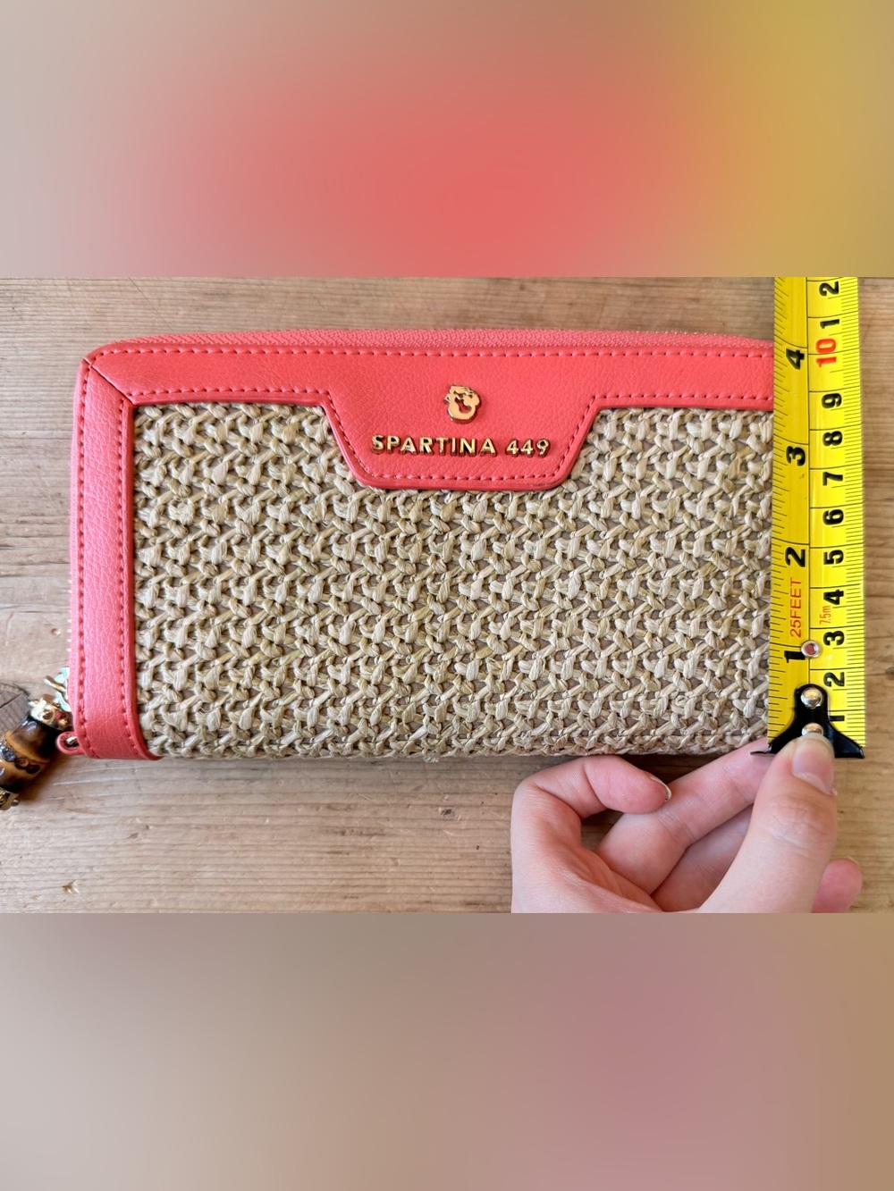 Spartina 449 Coral Woven Bamboo Handle Tote & Matching Wallet Set EUC - Picture 6 of 16
